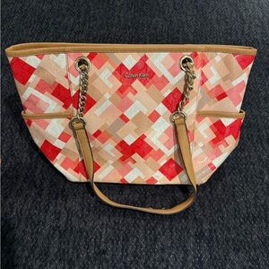 Calvin Klein Geometric Red and Tan Tote